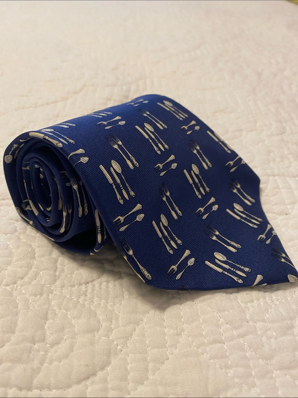 Banana Republic Navy Blue Silk Tie with Silver Cutlery Motif